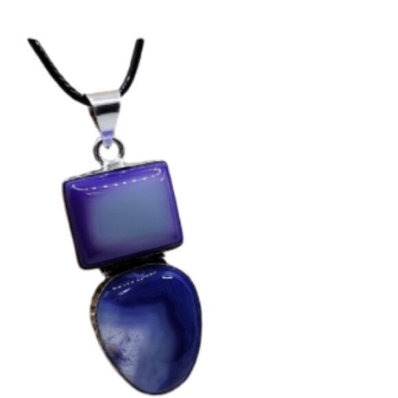 Botswana Agate Dyed Blue Purple Pendant Charm 925 medallion cord necklace - Picture 3 of 3
